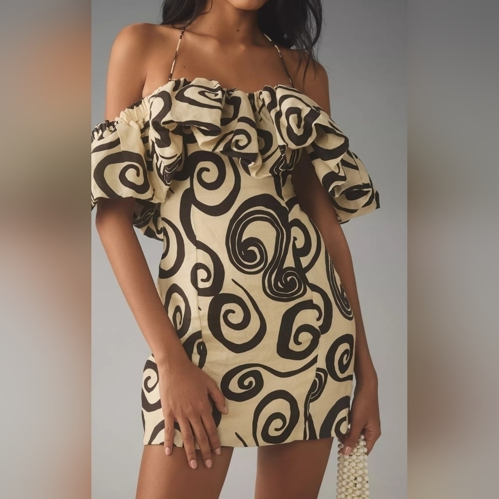 The Wolf Gang Mirador Linen Mini Dress, Vintage Black & Ivory Pattern, XS